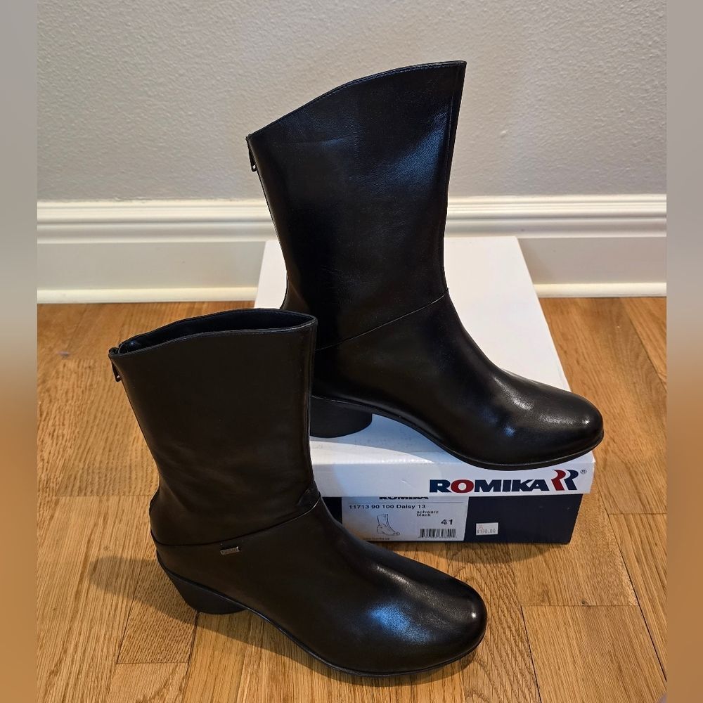 Romika Women's Daisy Black Leather Block Heel Mid-Calf Boots Shoes NWB Sz 10.5